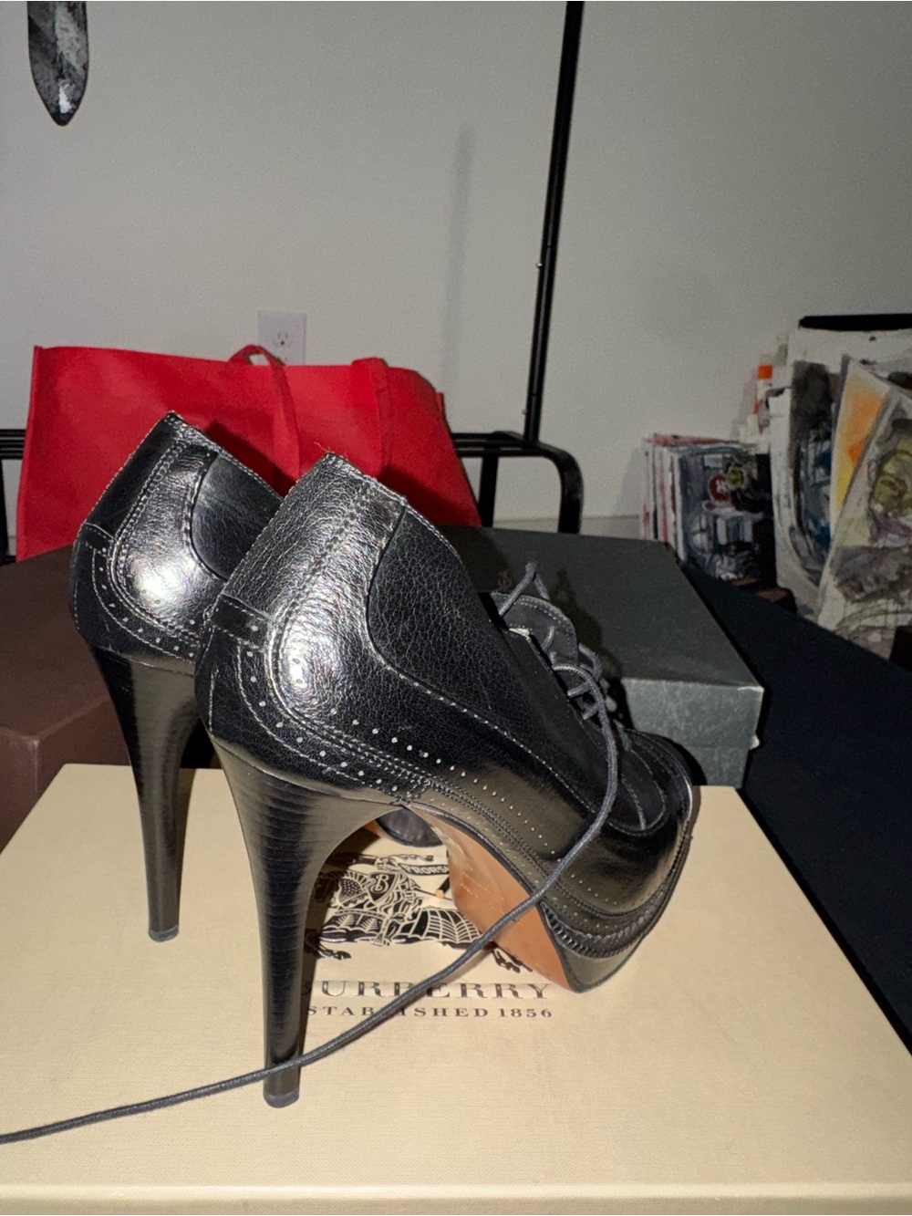 Burberry Black Leather Brogue Lace-Up Stiletto Heels - Picture 5 of 9
